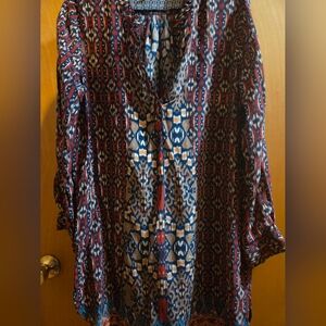 Tolani Silk Tunic Womens L Red Blue Boho Floral Tassel Tie Blouse Shirt Dress